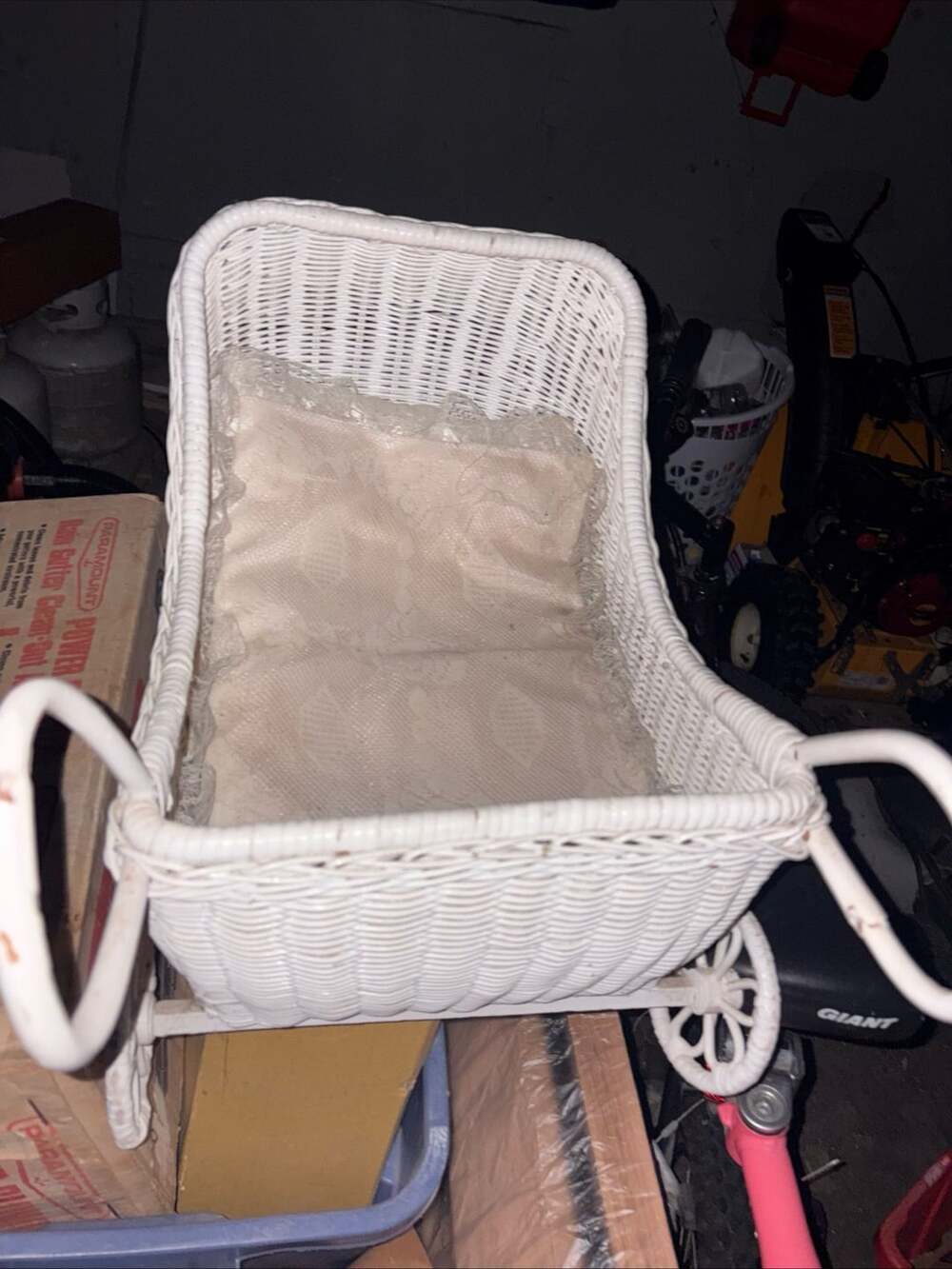 Vintage White Wicker Baby Doll Carriage Pram w/ Pillow &Lace Mattress